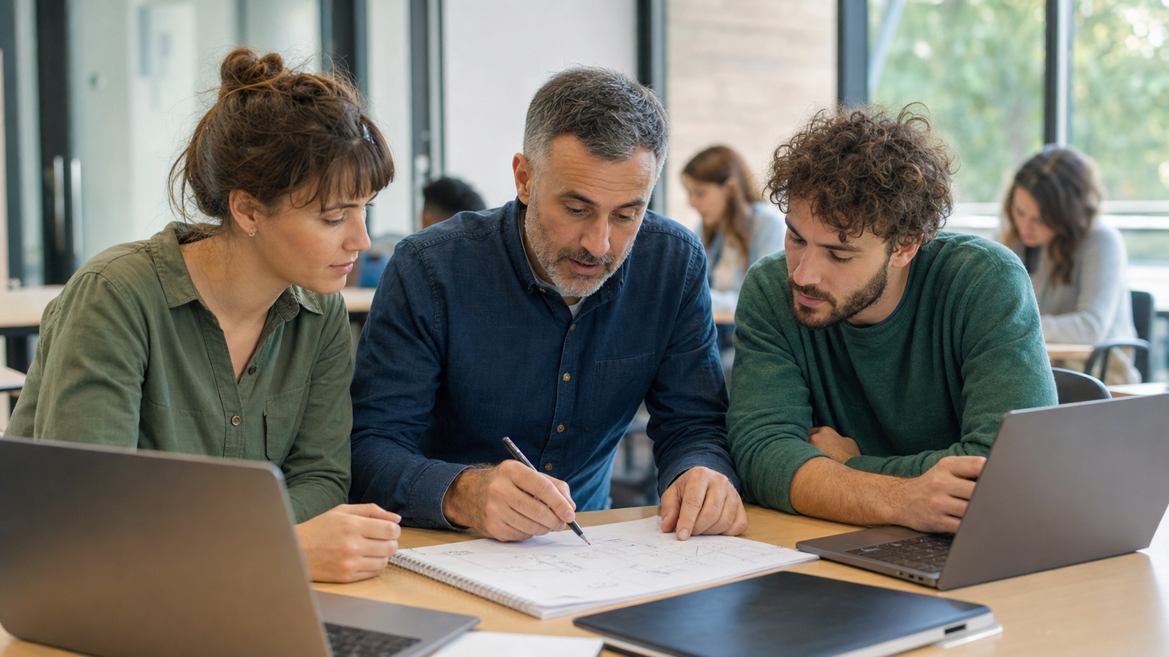 Tutor revisando un plan de trabajo con estudiantes