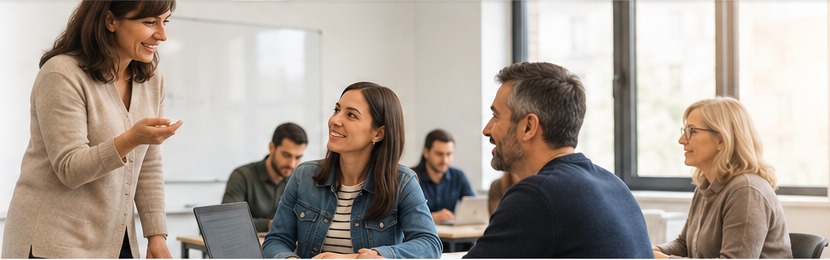 Profesora conversando con alumnado adulto en un aula luminosa